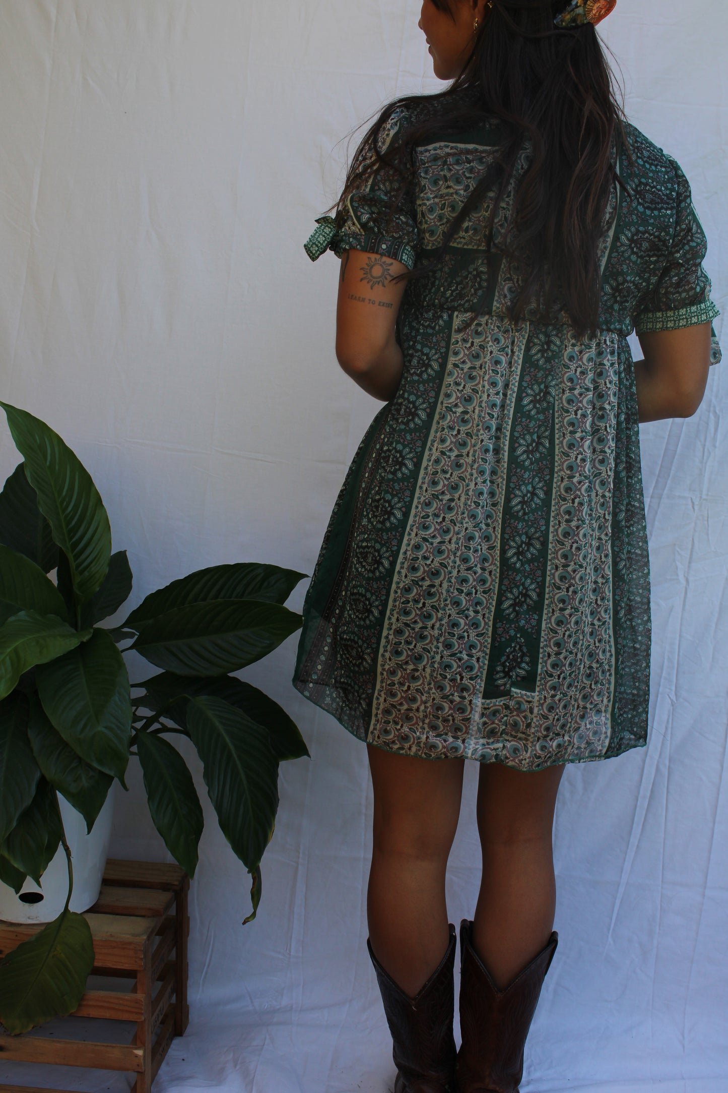 Vintage Boho Forest Green Lace-Trim Babydoll Dress