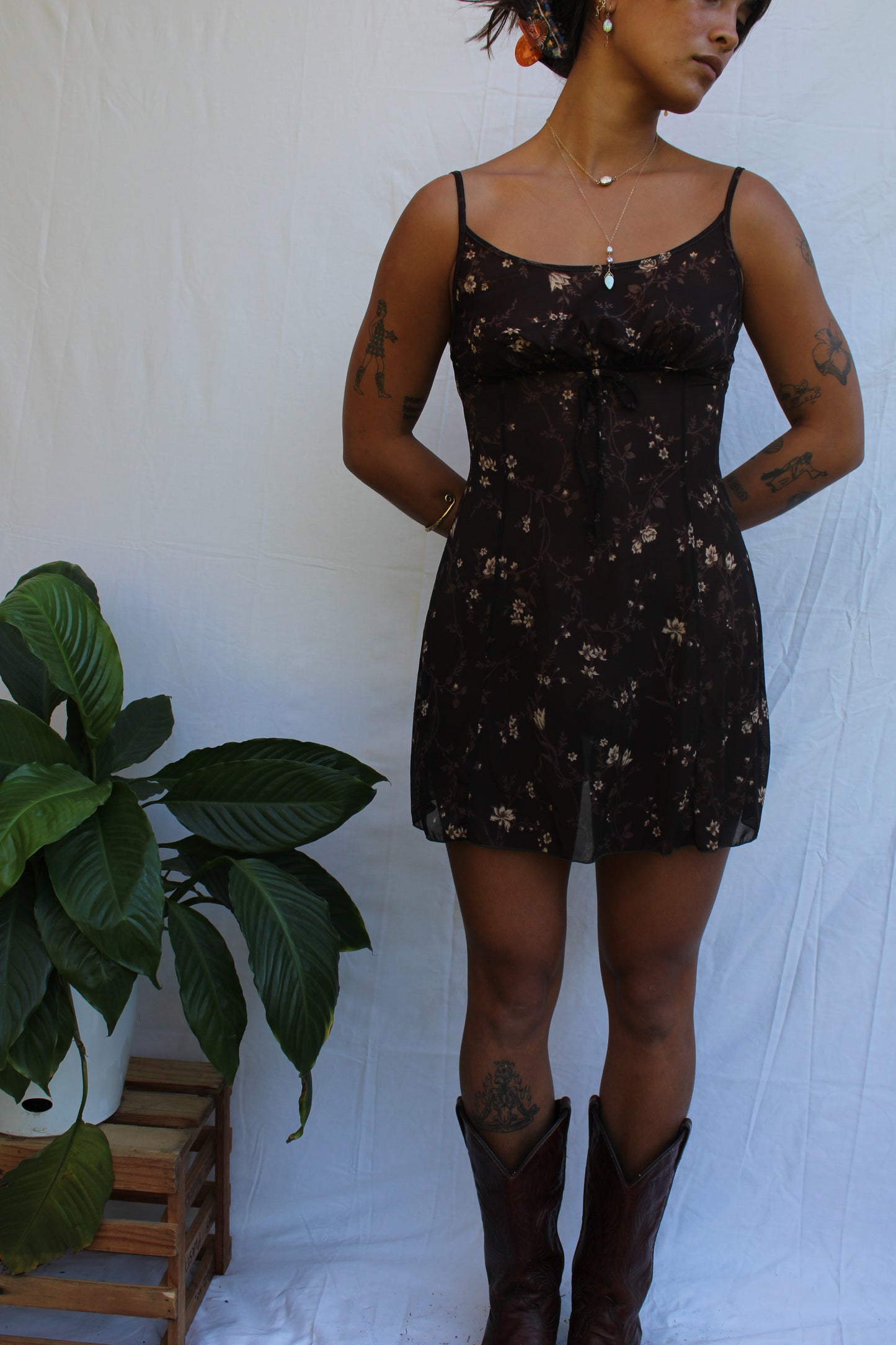 Vintage 90s Brown Floral Mini Slip Dress