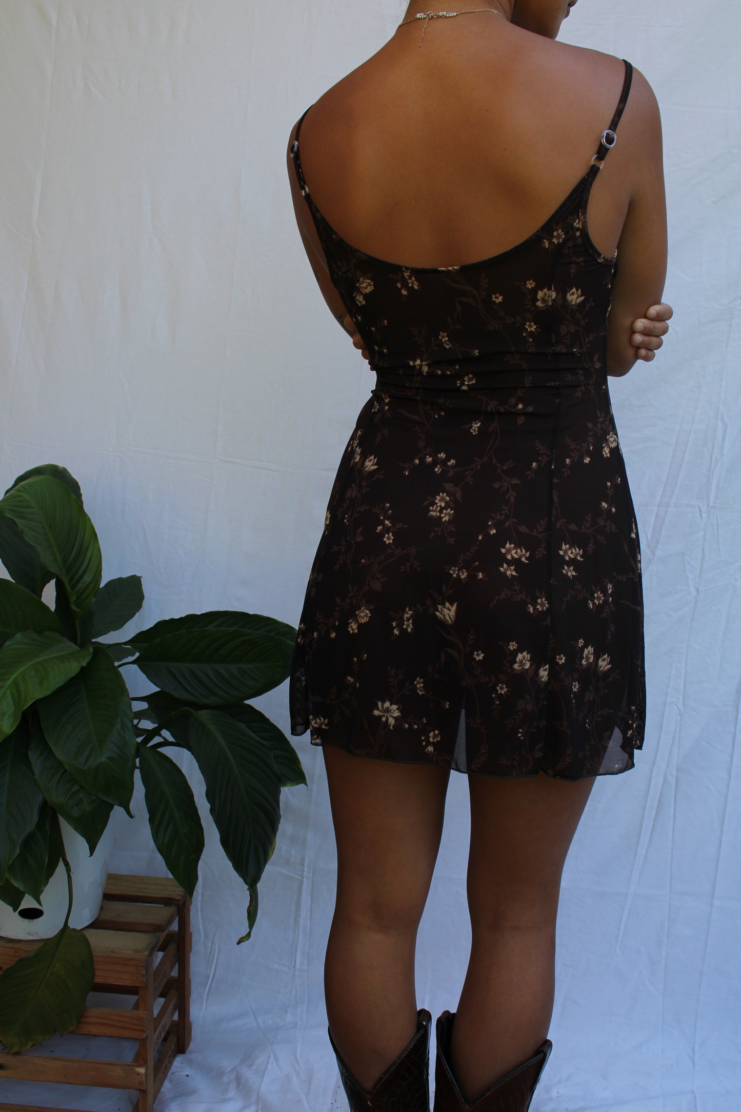Vintage 90s Brown Floral Mini Slip Dress