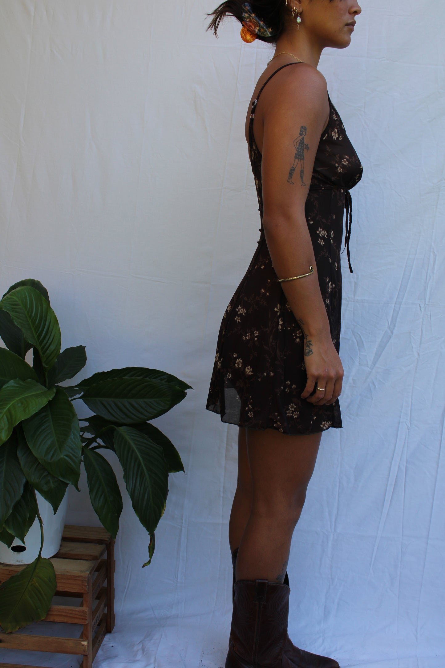 Vintage 90s Brown Floral Mini Slip Dress