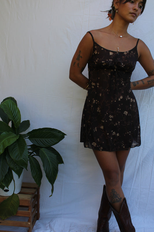 Vintage 90s Brown Floral Mini Slip Dress