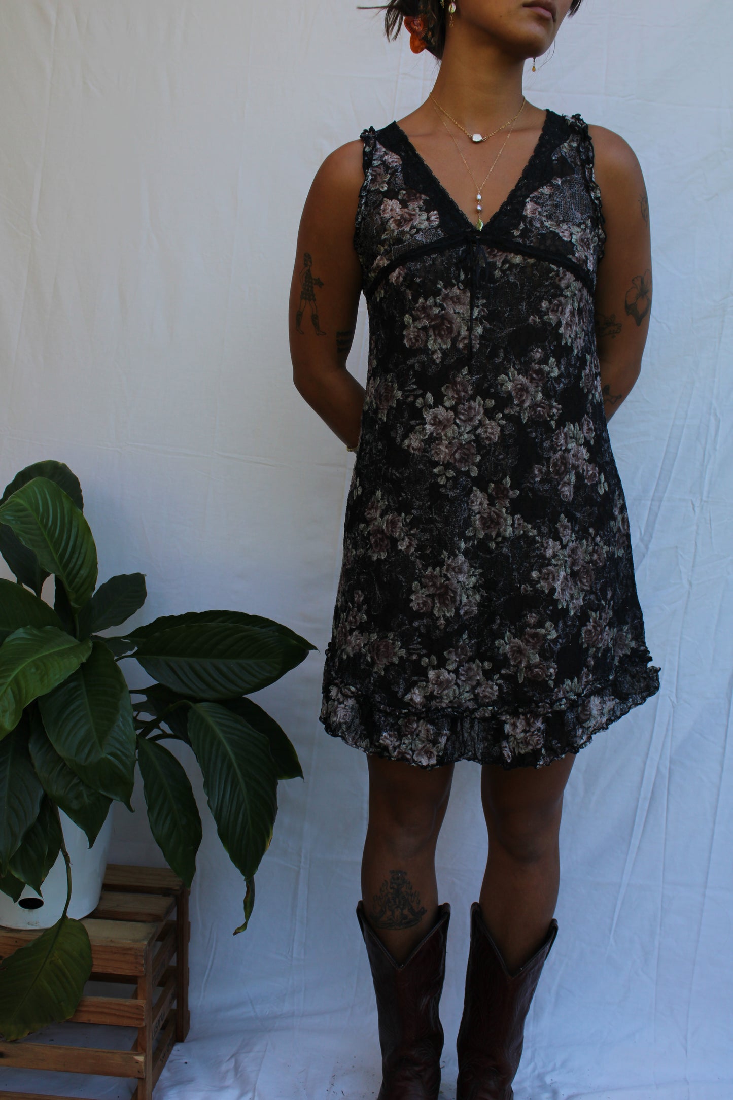 Vintage Black Floral Lace Mini Dress