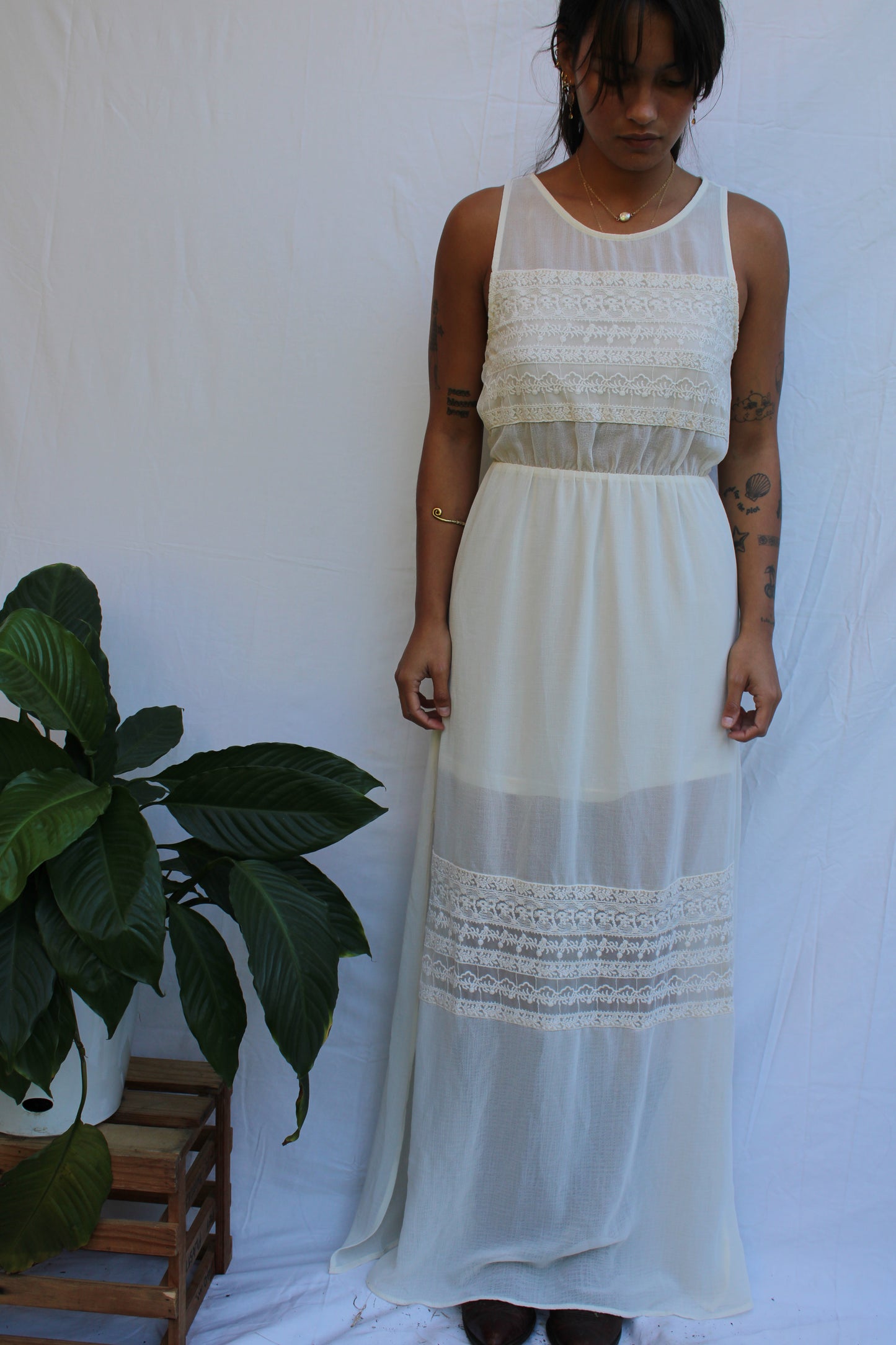 Vintage Sheer Ivory Lace Panel Maxi Dress