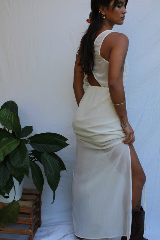 Vintage Sheer Ivory Lace Panel Maxi Dress