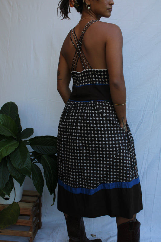 Vintage Retro Brown Diamond Print Midi Dress with Blue Trim