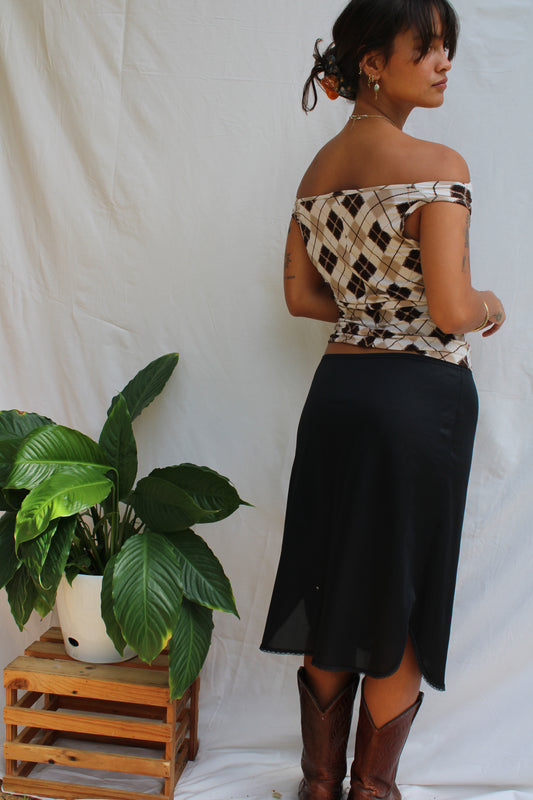 Vintage Black Satin Slip Midi Skirt