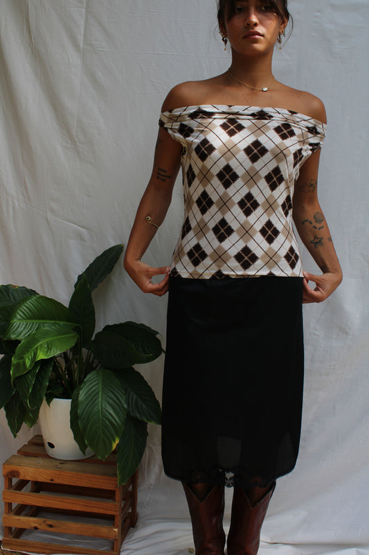 Vintage Cream & Brown Argyle Sleeveless Top
