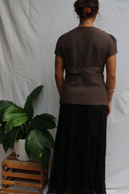 Vintage Chocolate Brown Silk Wrap-Style Blouse