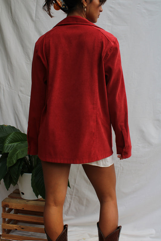 Vintage Cherry Red Suede-Feel Shirt Jacket