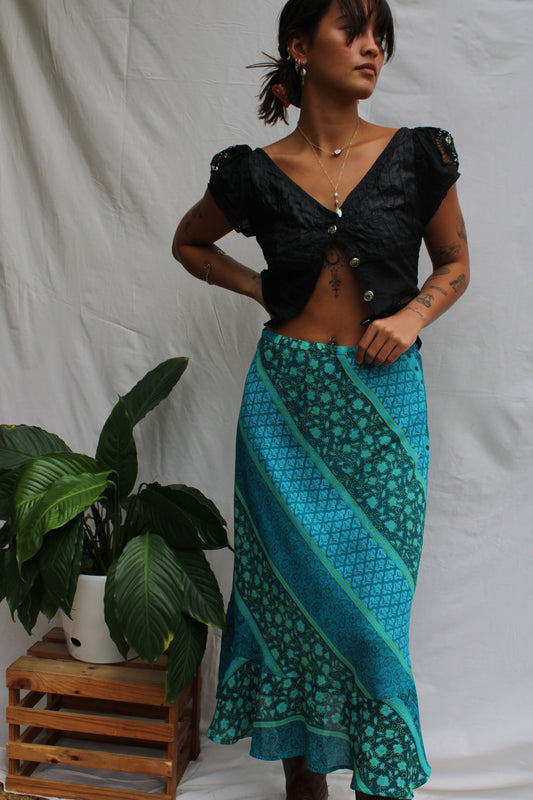 Vintage Turquoise Patchwork Bias-Cut Maxi Skirt