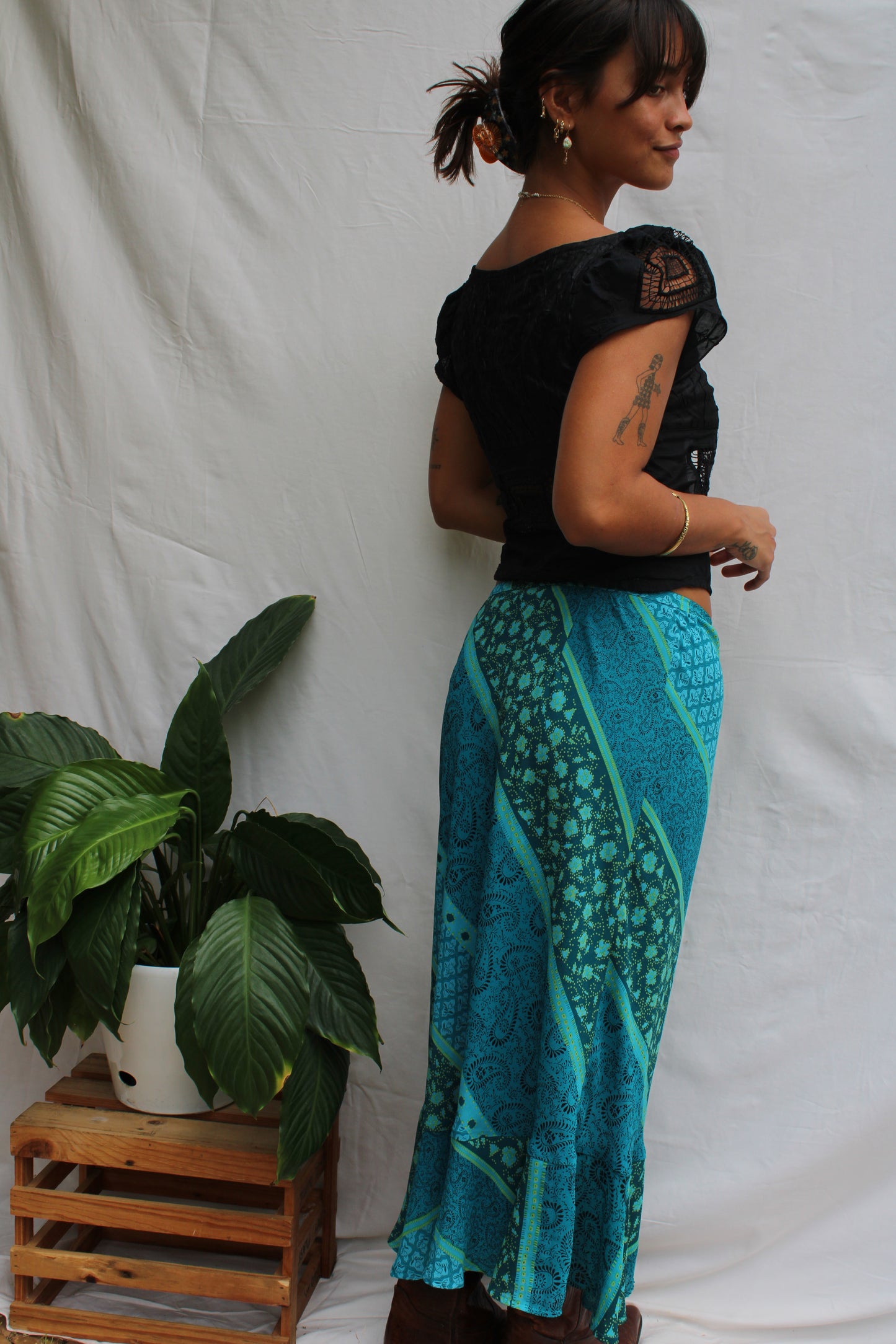 Vintage Turquoise Patchwork Bias-Cut Maxi Skirt