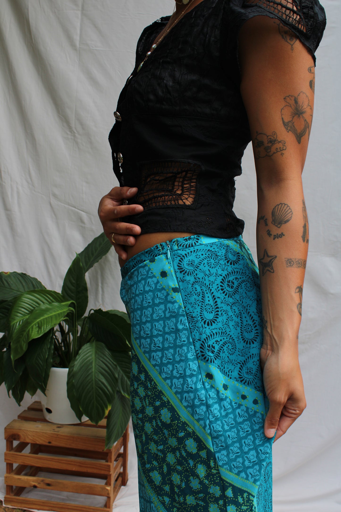 Vintage Turquoise Patchwork Bias-Cut Maxi Skirt