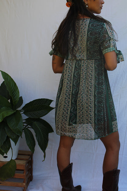 Vintage Boho Forest Green Lace-Trim Babydoll Dress