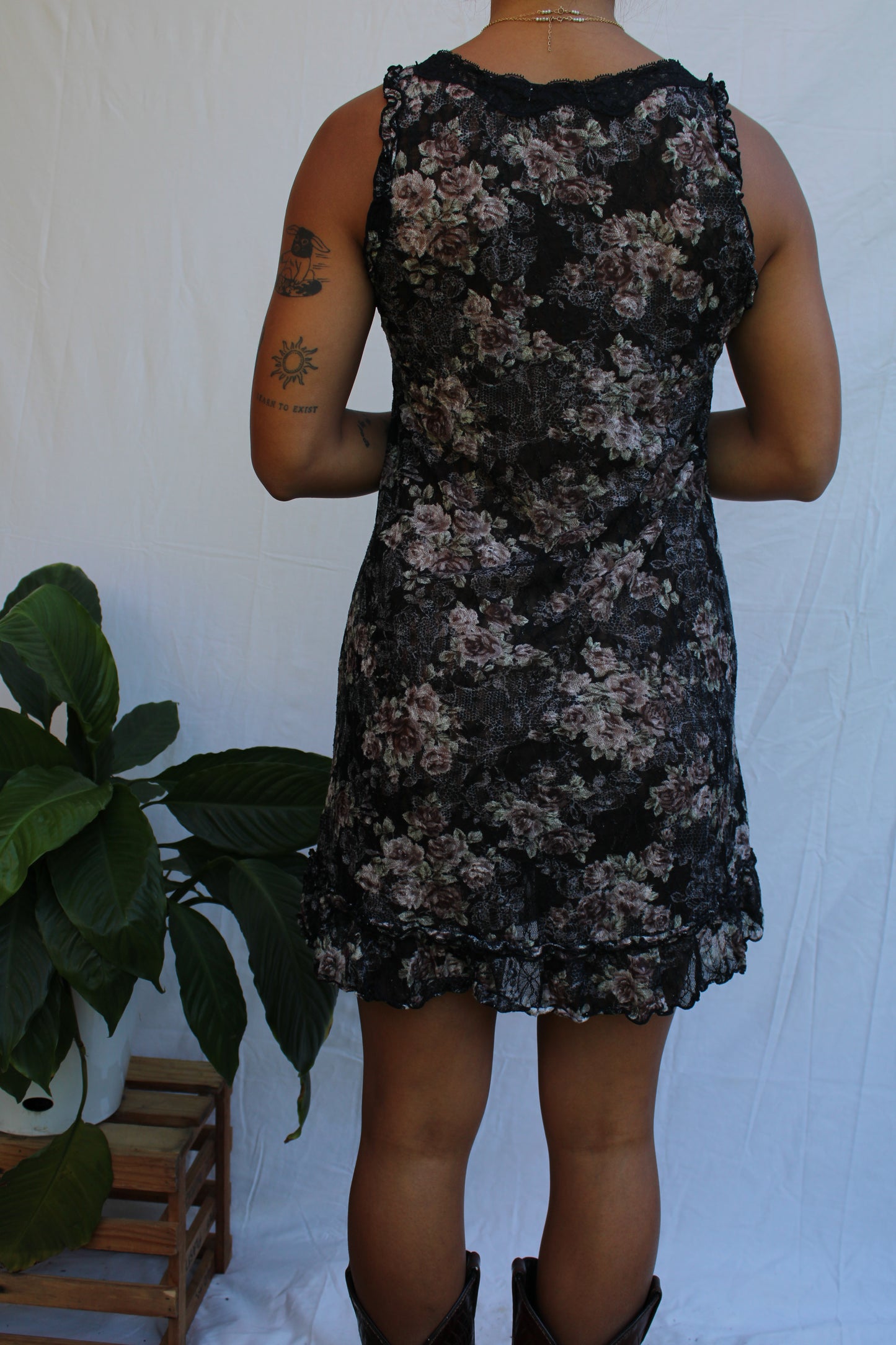 Vintage Black Floral Lace Mini Dress