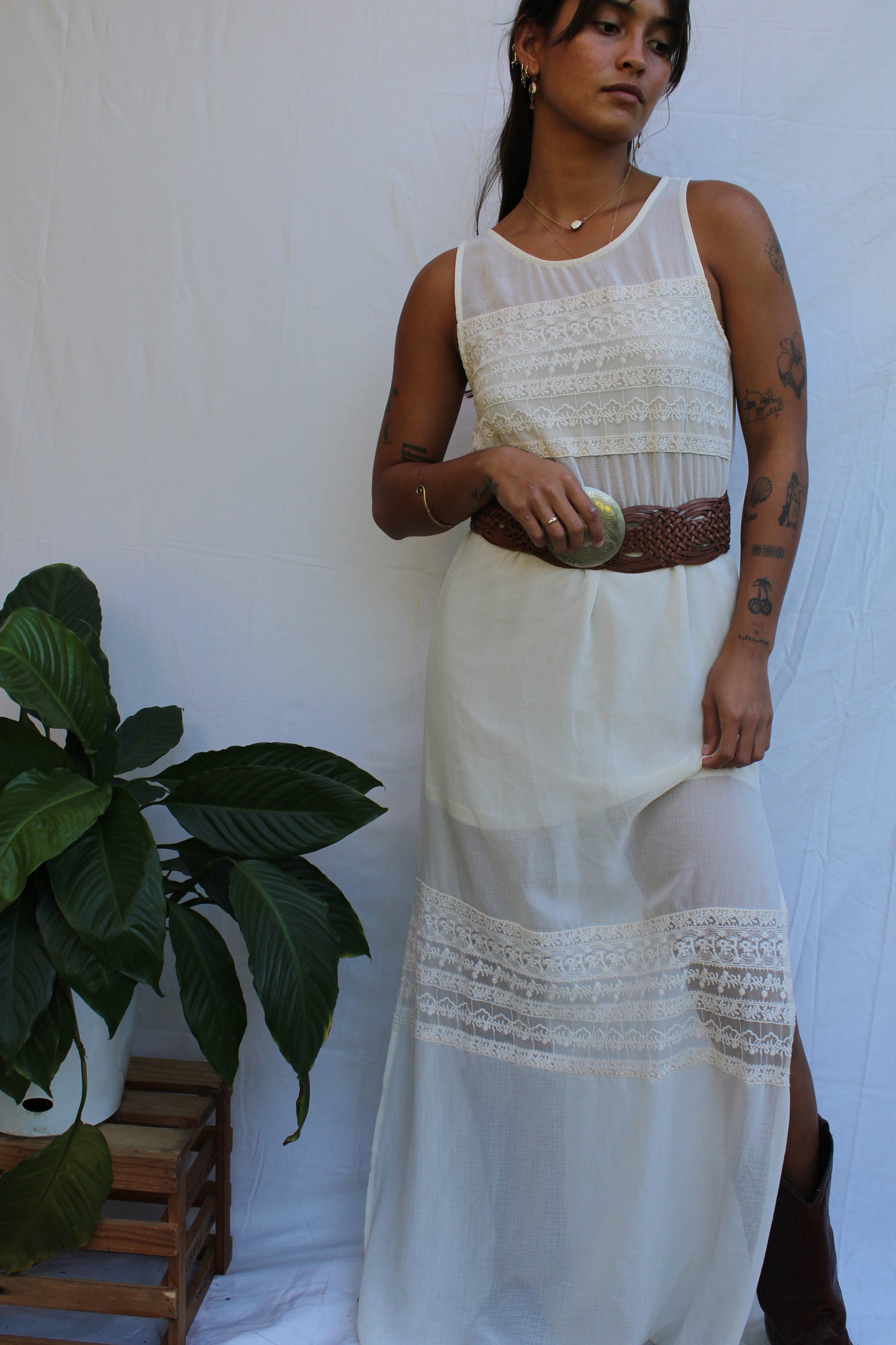 Vintage Sheer Ivory Lace Panel Maxi Dress