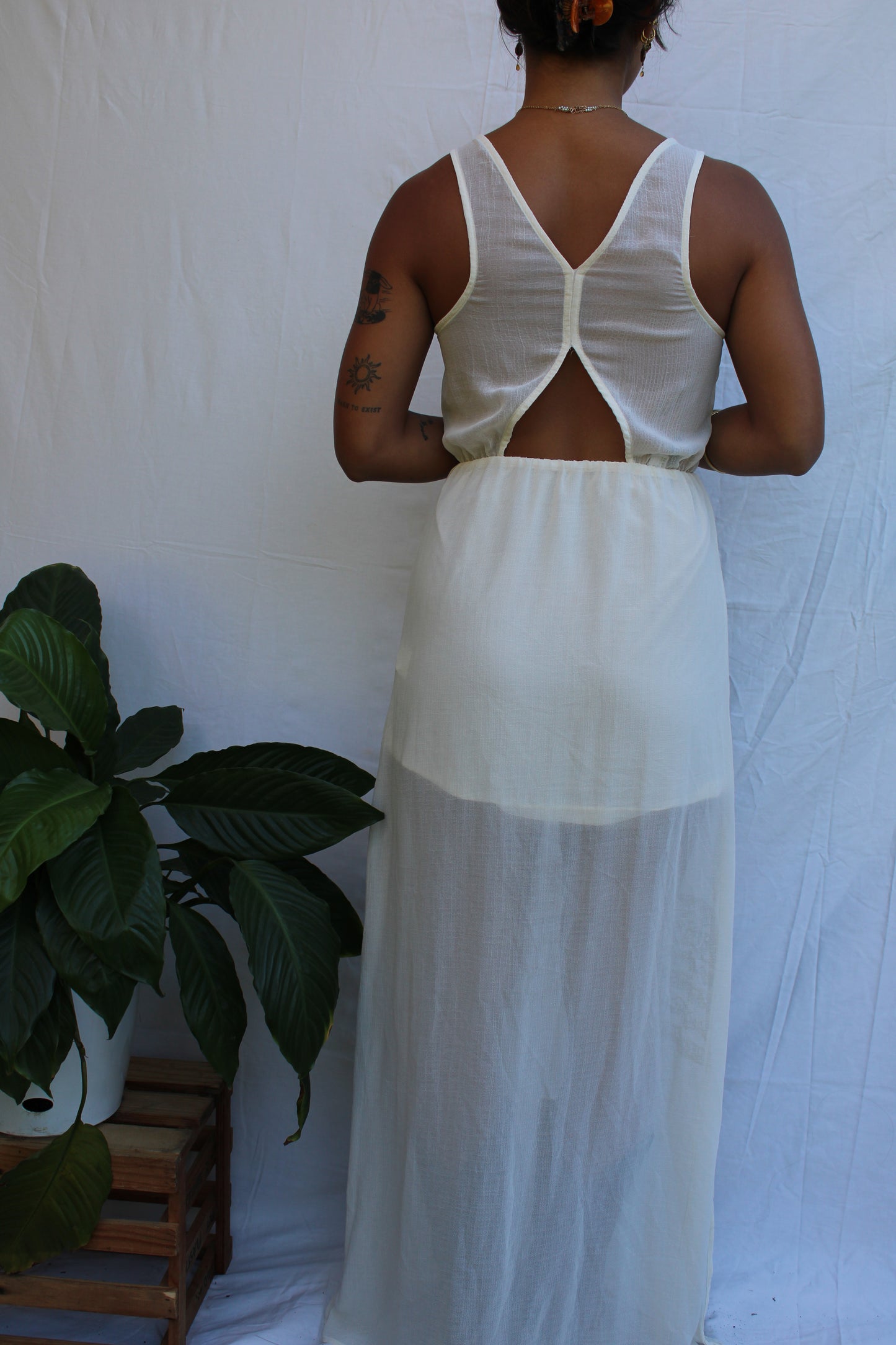 Vintage Sheer Ivory Lace Panel Maxi Dress