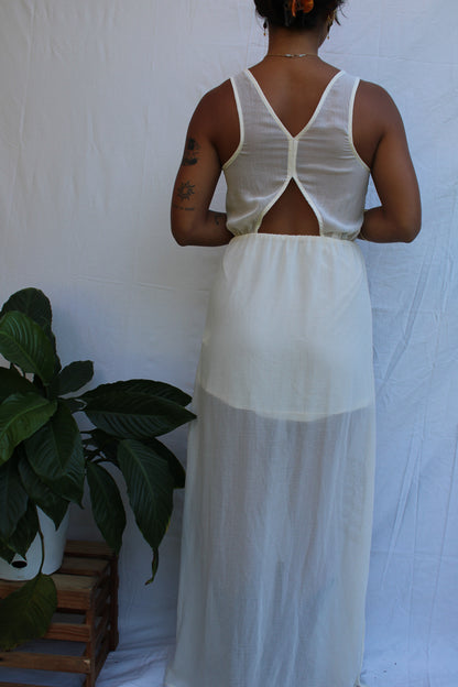 Vintage Sheer Ivory Lace Panel Maxi Dress