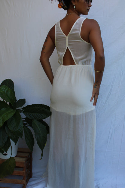 Vintage Sheer Ivory Lace Panel Maxi Dress