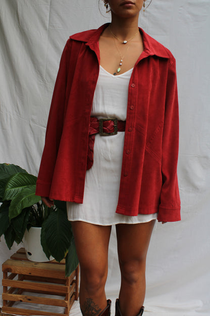 Vintage Cherry Red Suede-Feel Shirt Jacket