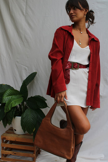 Vintage Cherry Red Suede-Feel Shirt Jacket