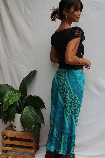 Vintage Turquoise Patchwork Bias-Cut Maxi Skirt