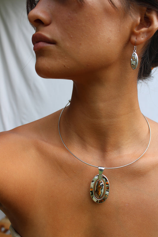 Sterling Silver Abalone & Tiger Eye Earring + Necklace Set