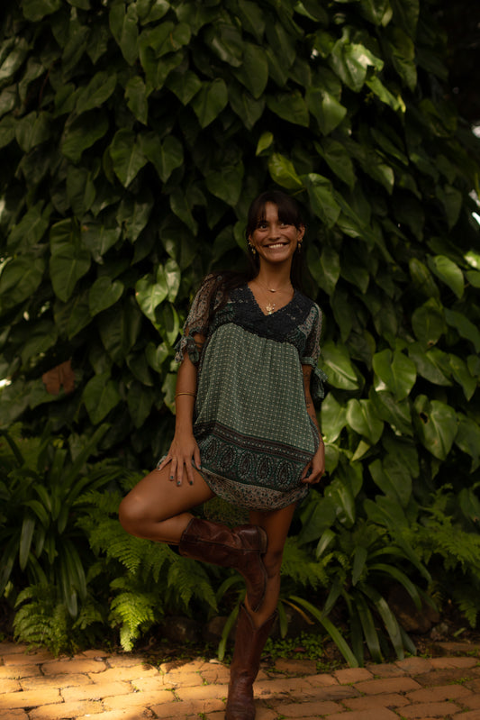 Vintage Boho Forest Green Lace-Trim Babydoll Dress