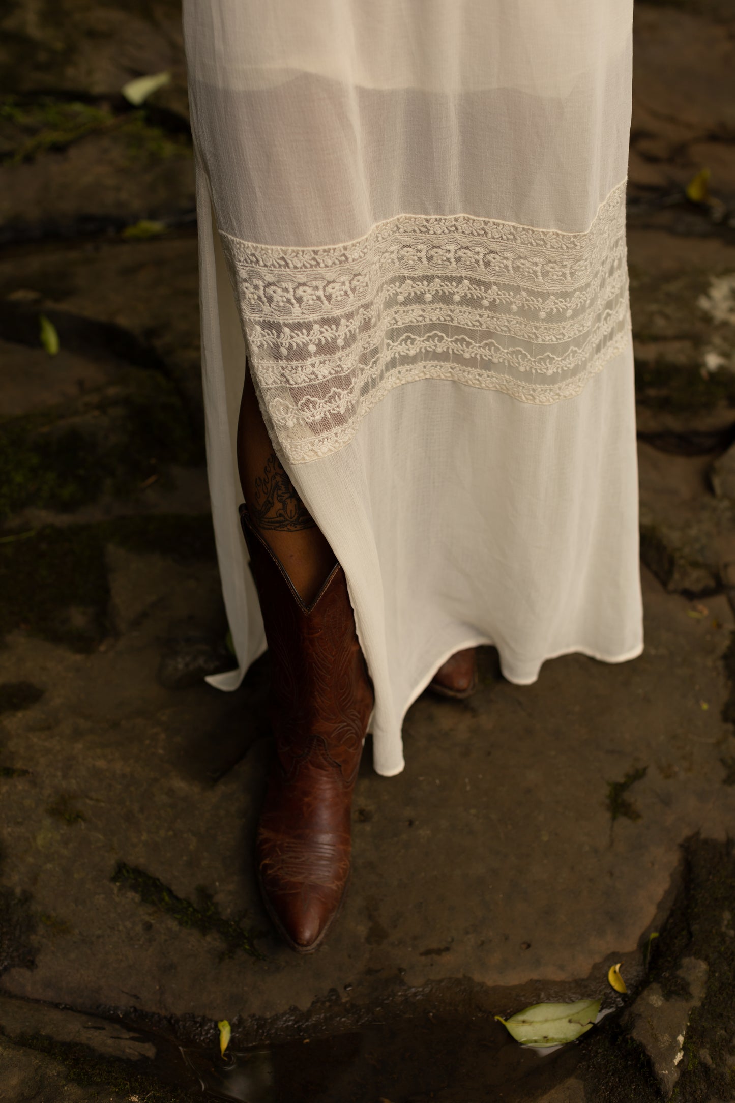 Vintage Sheer Ivory Lace Panel Maxi Dress